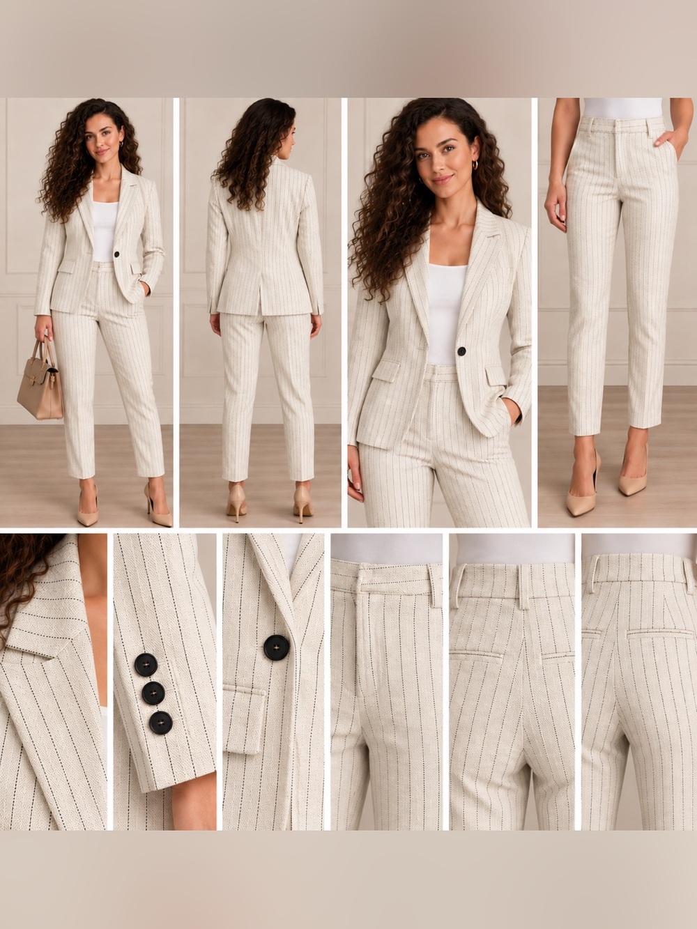 Mango Cream Ivory Pinstripe Tailored Pantsuit Blazer Set